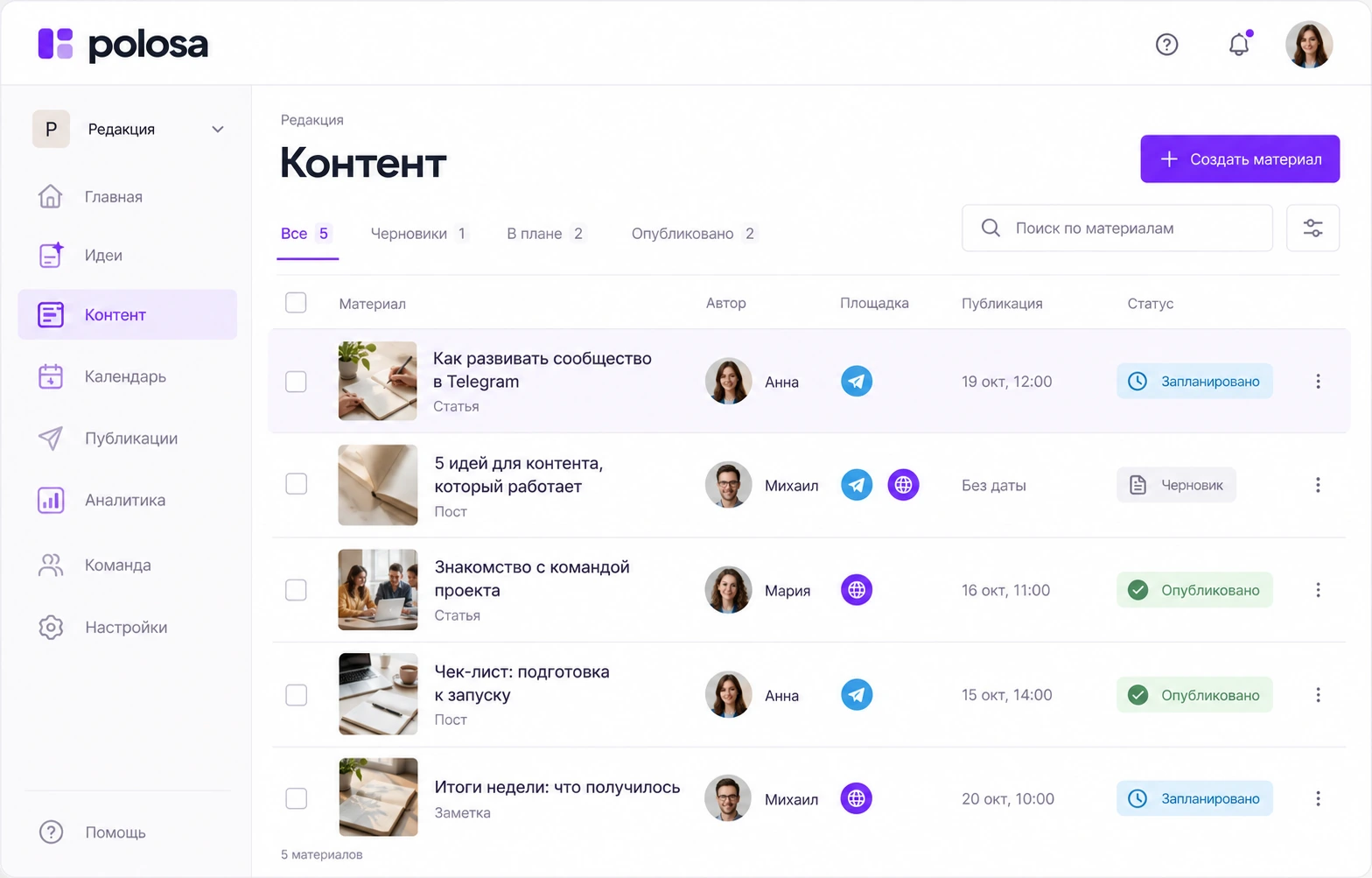Рабочее пространство Polosa: материалы, авторы, площадки, даты и статусы публикаций