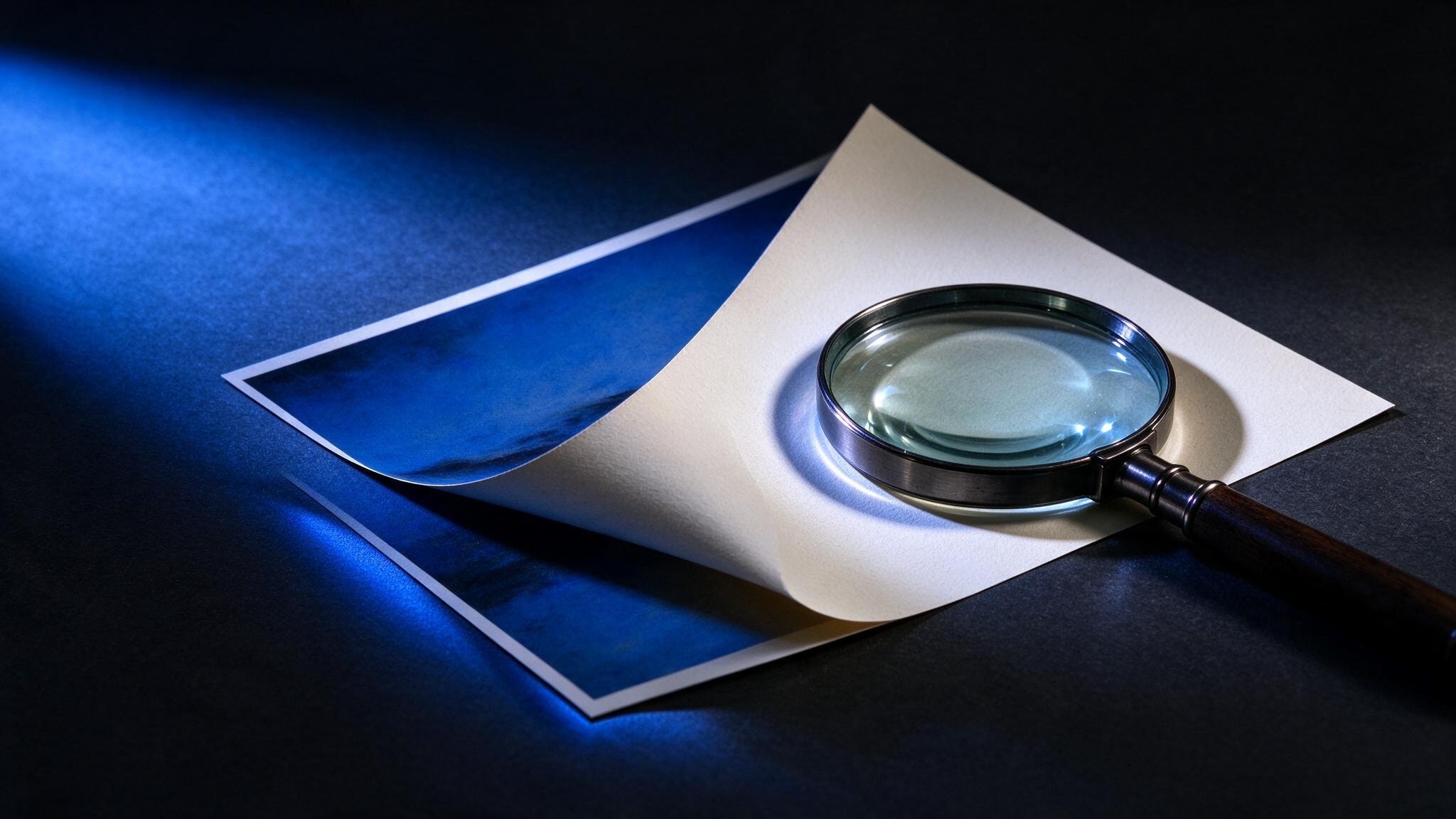 A photographic print and a magnifying glass