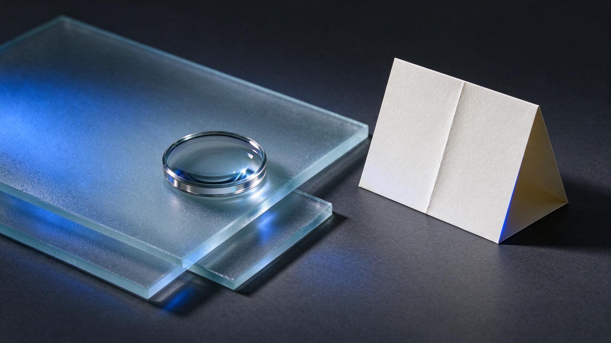 An optical lens and frosted glass on a graphite surface with blue side light